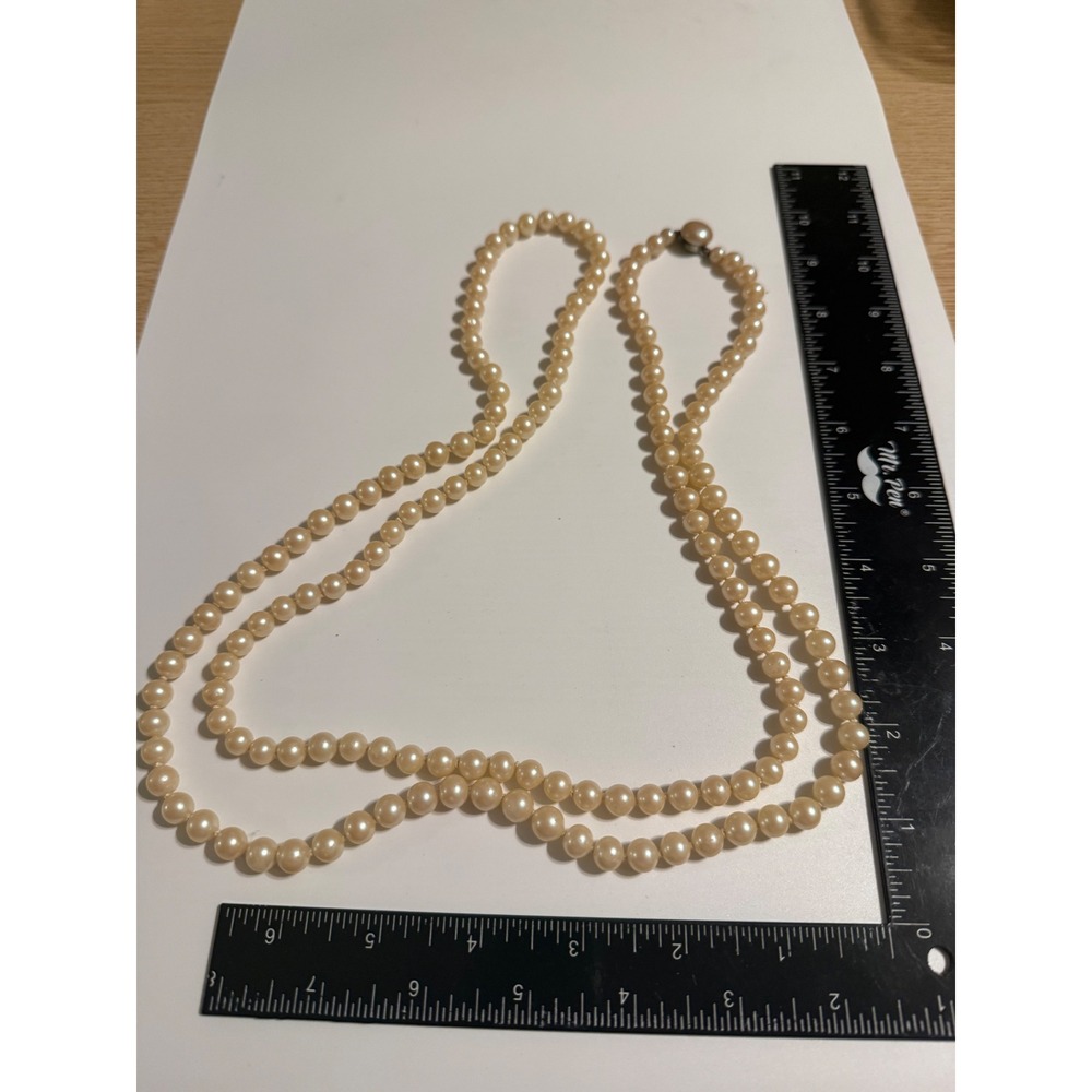 Vintage Japan Double Strand Faux Pearl Necklaceβ Hand Knotted Cream 28 Inch